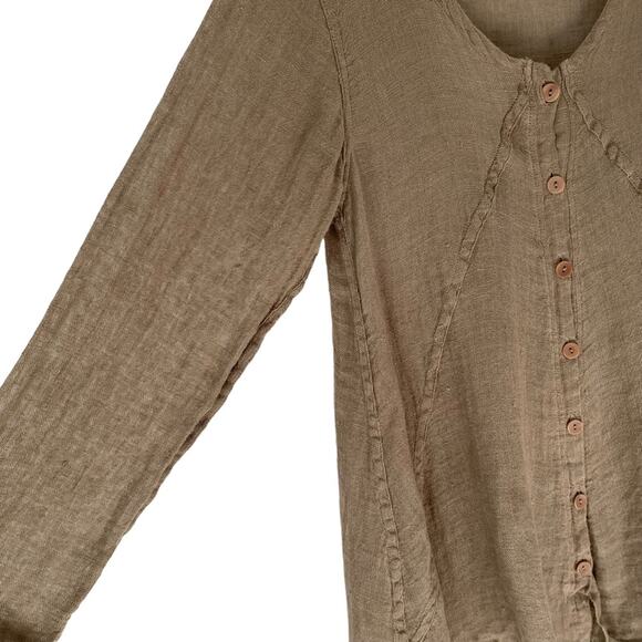 Flax Brown Linen Cotton Button Down Tunic Top Blouse size P Small - Picture 3 of 7